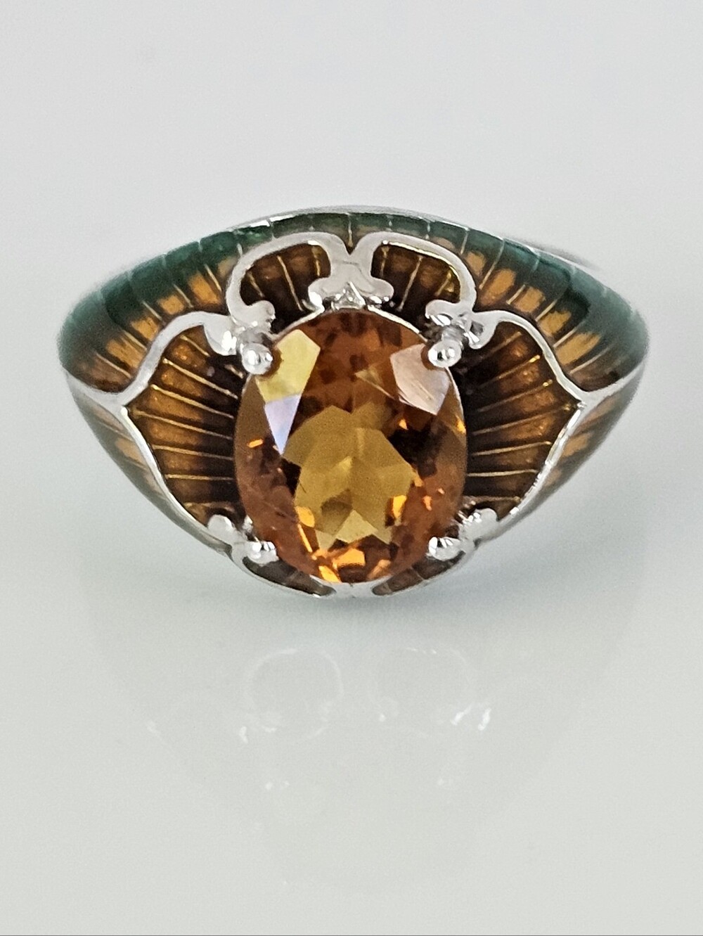 Natural Madeira Citrine Enamel Painted Ring Sterling Silver Rhodium Overlay Sz 8